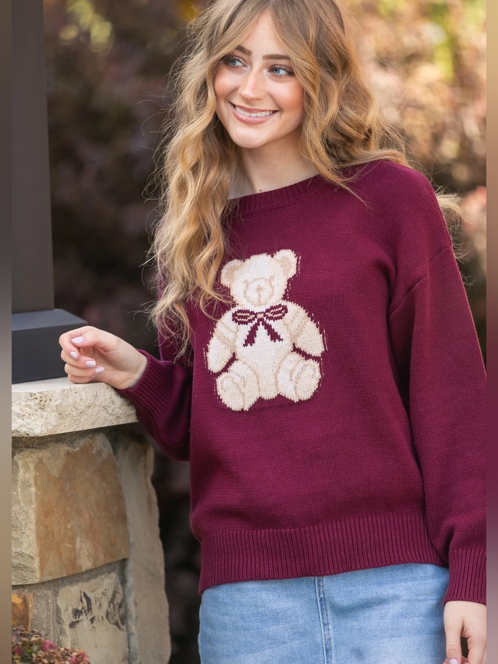 Blu Pepper Teddy Bear Long Sleeve Sweater Burgundy size Small